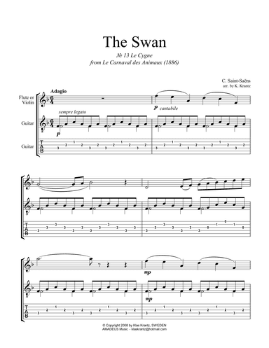 The Swan / Le cygne for violin or flute and easy guitar (+TAB) (arr. K. Krantz)