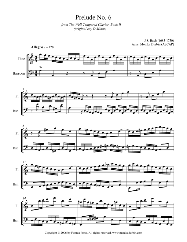 Bach Prelude No. 6 for Woodwind Duet (Flute and Bassoon) (arr. Monika Durbin)