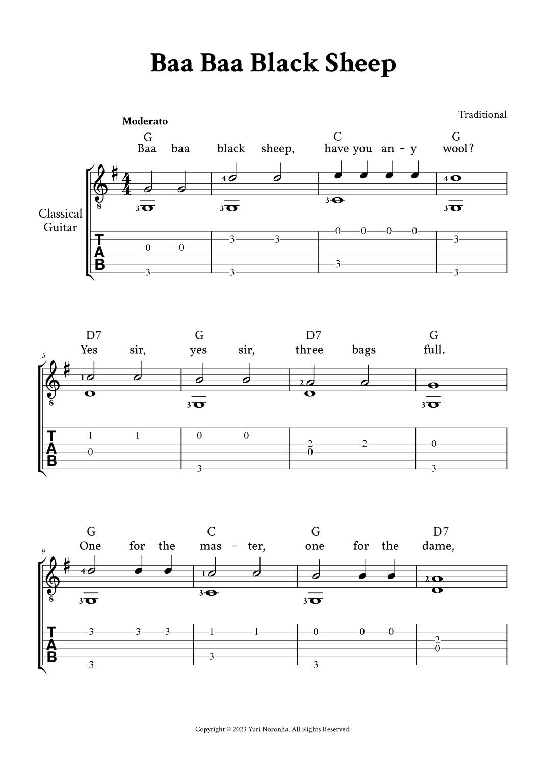 Baa Baa Black Sheep - Fingerstyle Guitar (with TAB, Chords and Lyrics) (arr. Yuri Noronha)