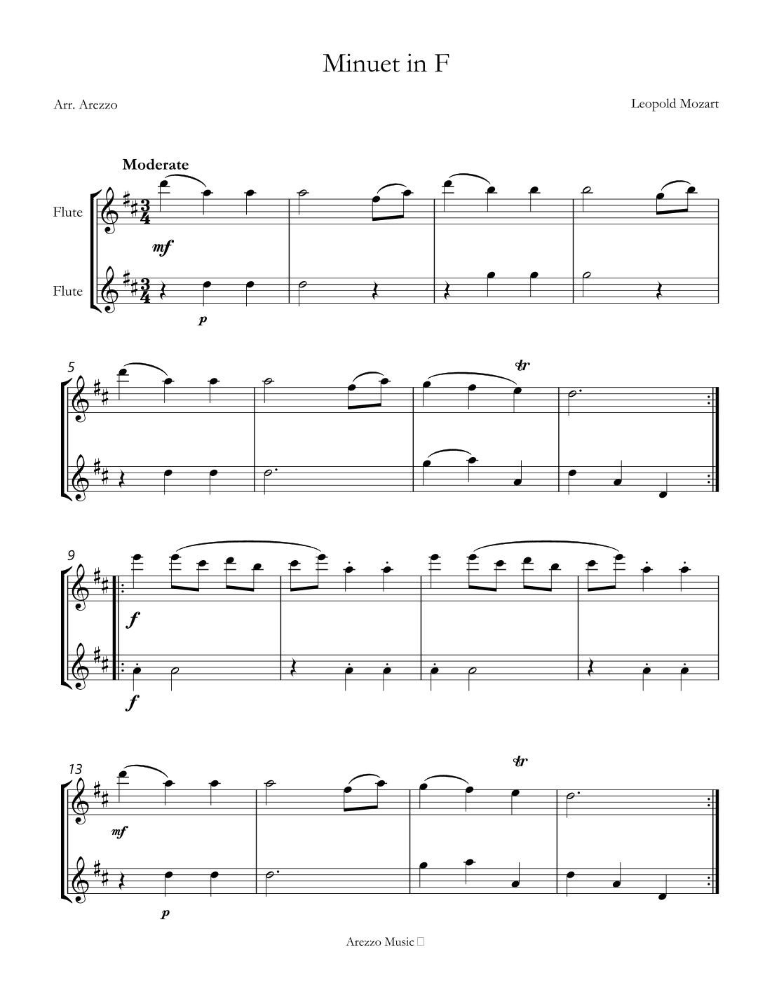 Leopold Mozart Minuet In F Sheet Music For Flute Duet (arr. Arezzo Music)