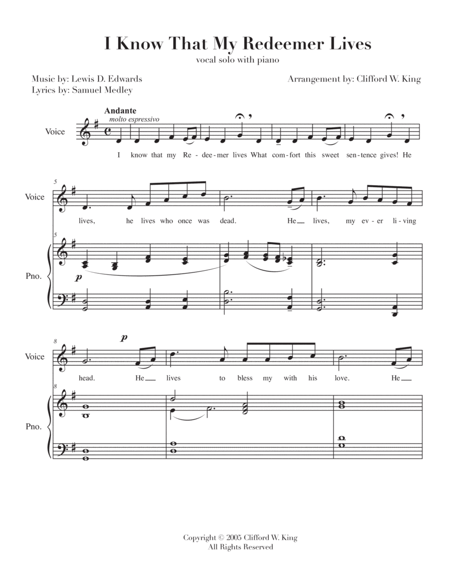 I Know That My Redeemer Lives ( vocal solo + piano ) (arr. Clifford W. King)