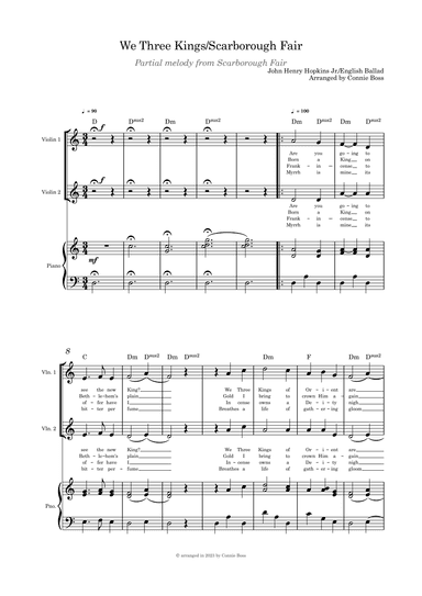We Three Kings/Scarborough Fair combo violin duet, and piano (arr. Connie Boss)