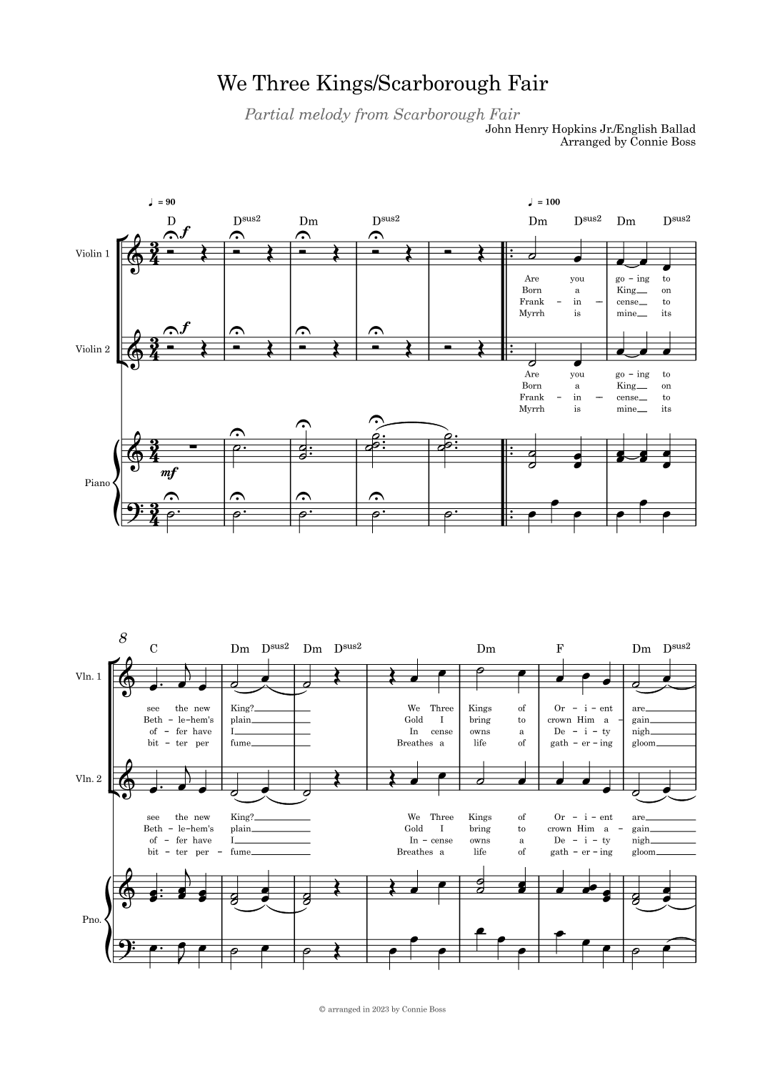 We Three Kings/Scarborough Fair combo violin duet, and piano (arr. Connie Boss)