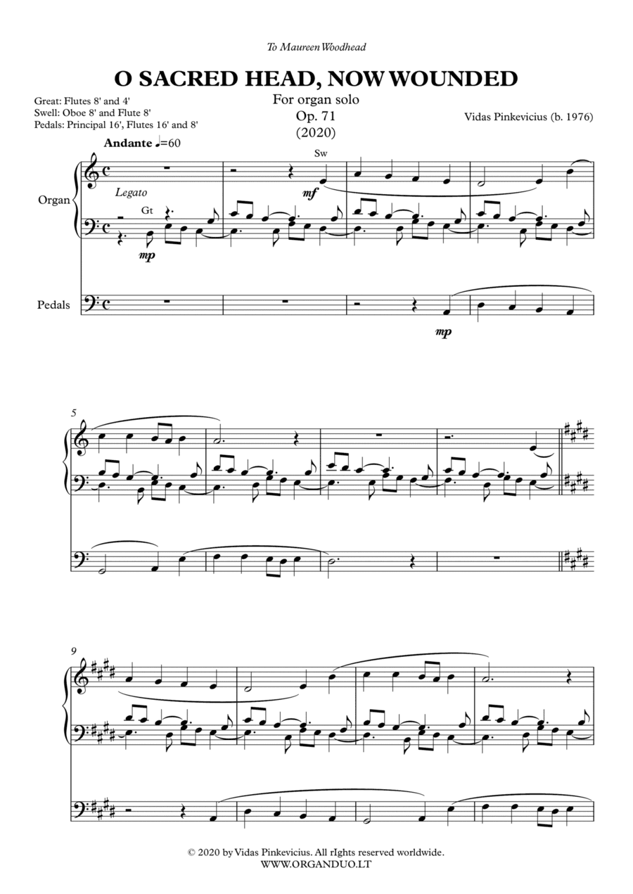 O Sacred Head, Now Wounded, Op. 71 (2020) for organ solo by Vidas Pinkevicius