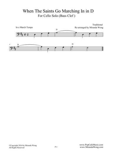 When The Saints Go Marching In  - Easy Cello Solo (Bass Clef) (arr. Miranda Wong)