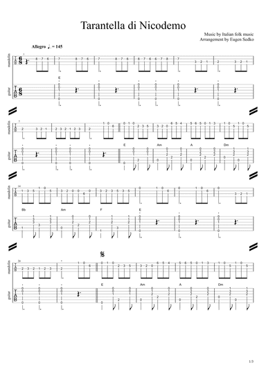 Tarantella di Nicodemo (Siciliana), TAB for mandolin & guitar (arr. Eugen Sedko)