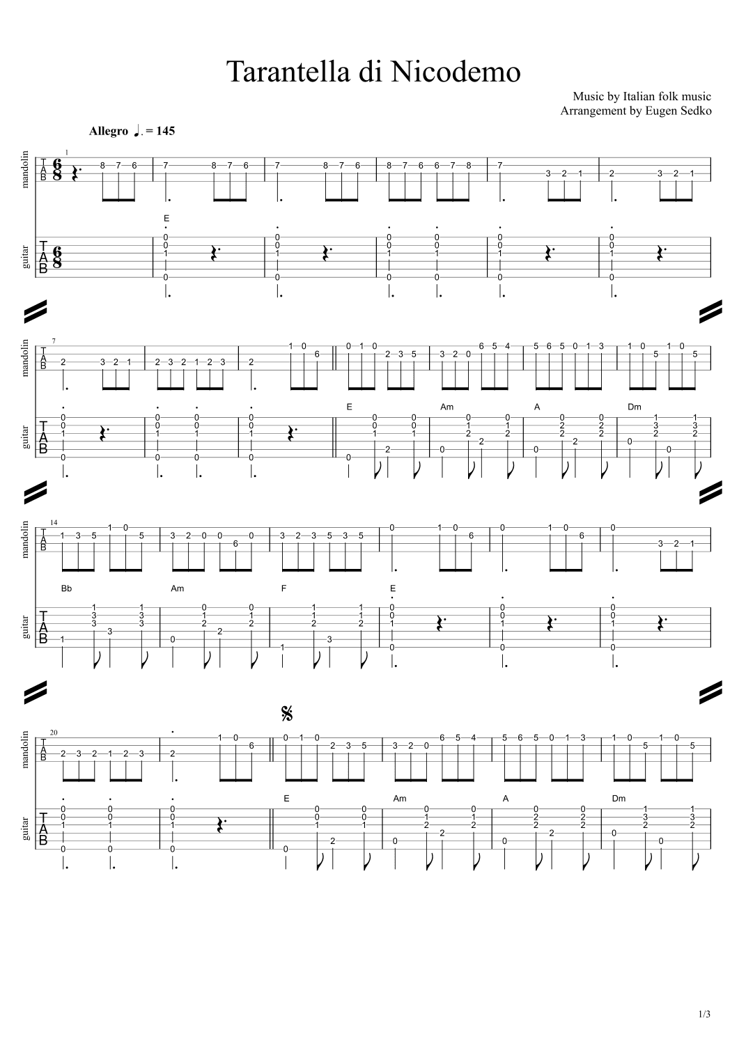 Tarantella di Nicodemo (Siciliana), TAB for mandolin & guitar (arr. Eugen Sedko)