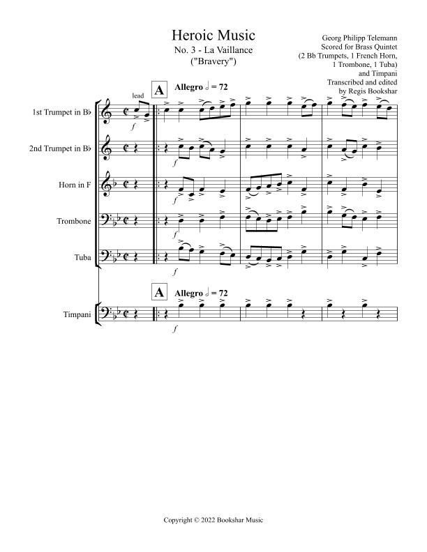 Heroic Music - No.   7. La Vigilance (Bb) (Brass Quintet - 2 Trp, 1 Hrn, 1 Trb, 1 Tuba, Timp) (arr. Regis Bookshar)