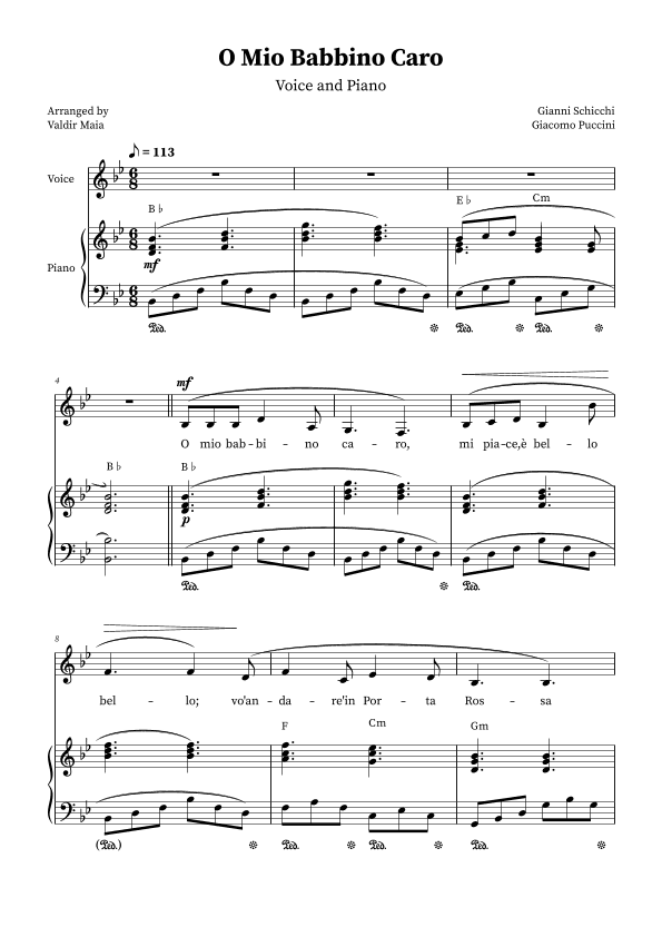O Mio Babbino Caro - Male Voice in B-flat Major (with chords) (arr. Valdir Maia)