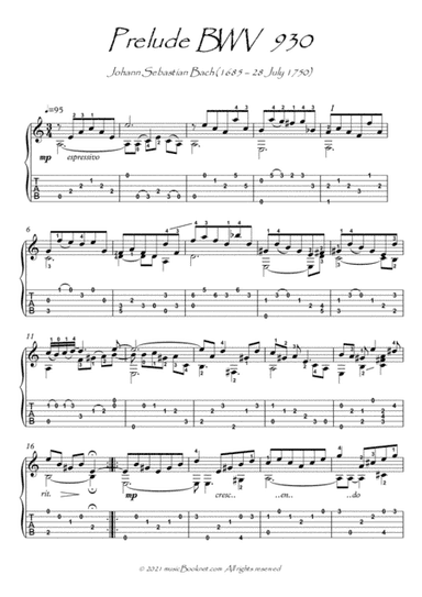 Bach for Guitar Prelude BWV 930 guitar solo (arr. PianoSheetNow)