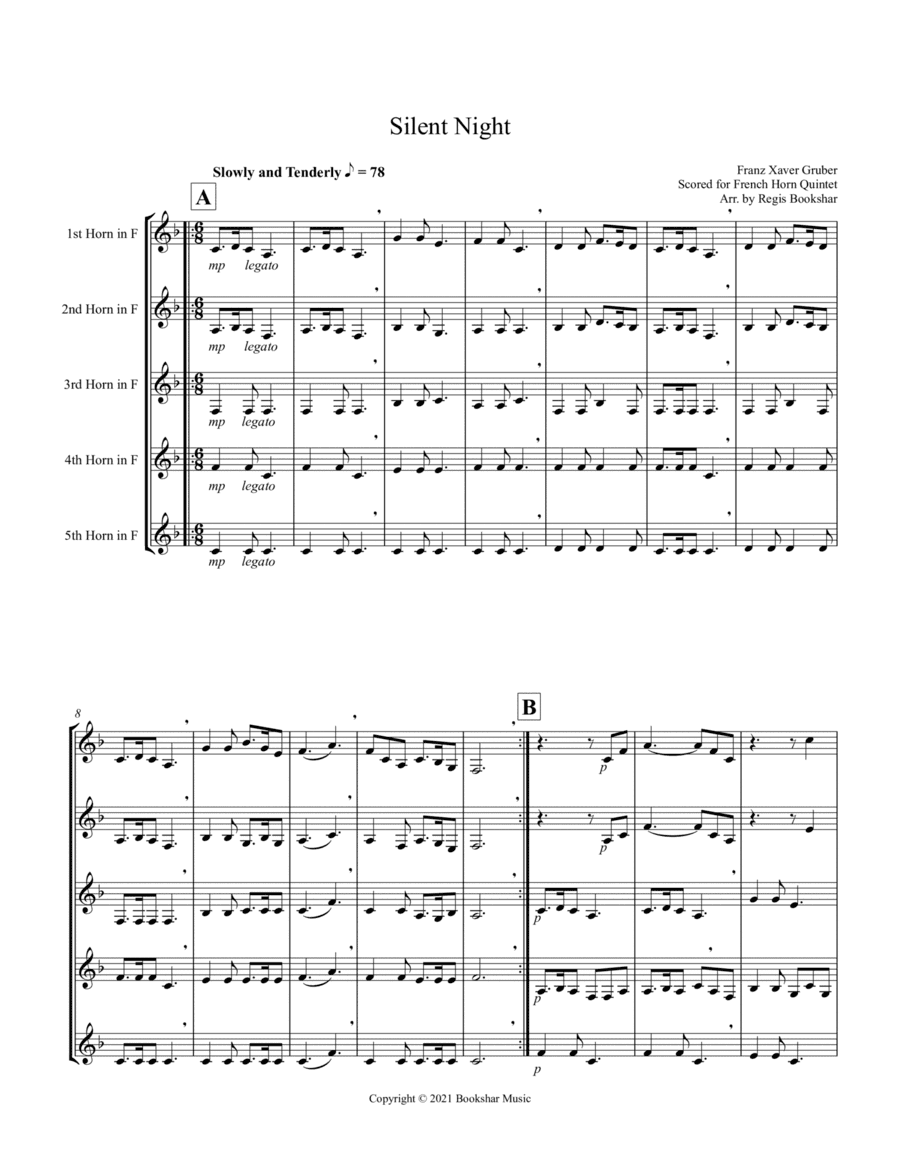 Silent Night (Bb) (French Horn Quintet) (arr. Regis Bookshar)