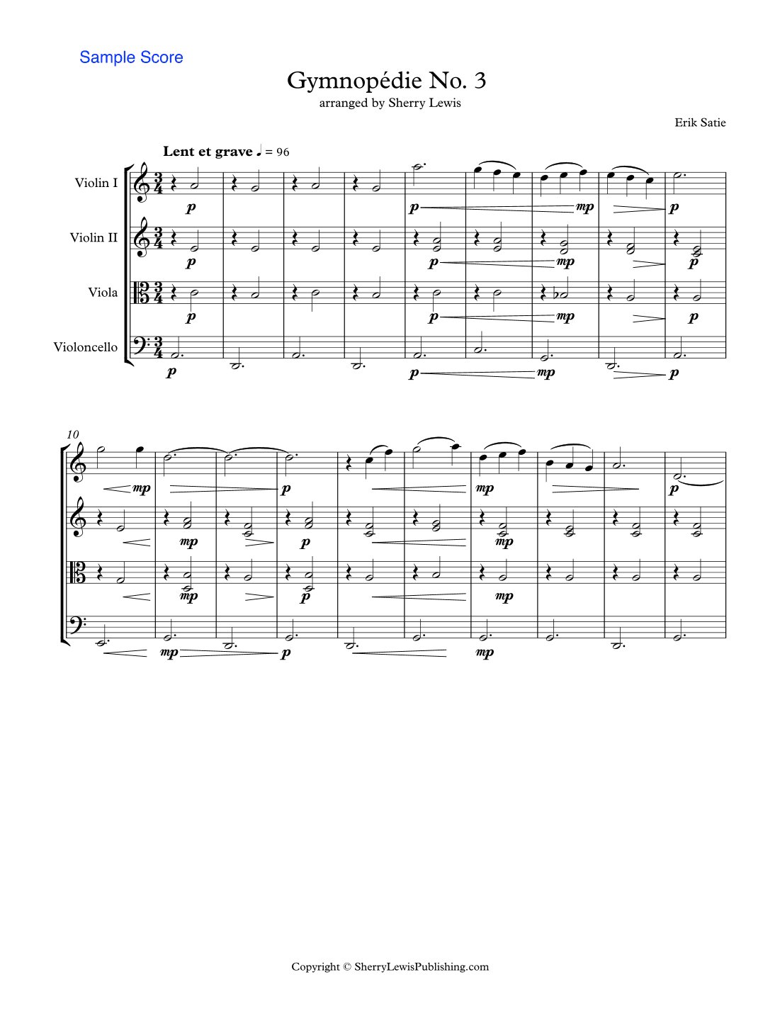 GYMNOPÉDIE NOS.1,2,3 String Quartet, Intermediate Level for 2 violins, viola and cello (arr. Sherry Lewis)