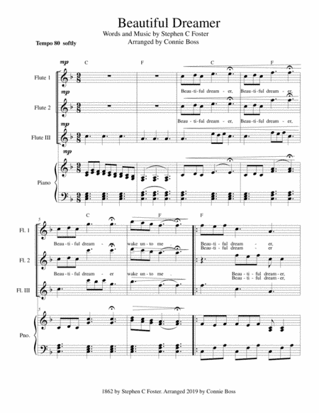 Beautiful Dreamer Key of F Flute Trio (arr. Connie Boss)