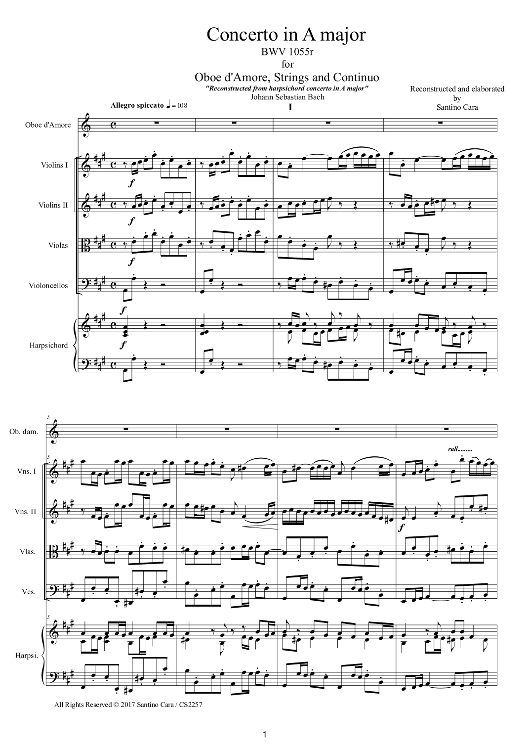 Bach - Concerto in A major BWV1055 for Oboe d'Amore, Strings and Continuo - Score and Parts (arr. Santino Cara)