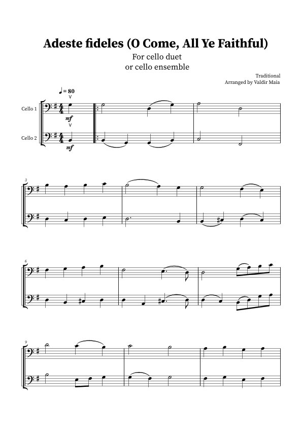O Come, All Ye Faithful (Adeste Fideles) - Cello Duet (arr. Valdir Maia)
