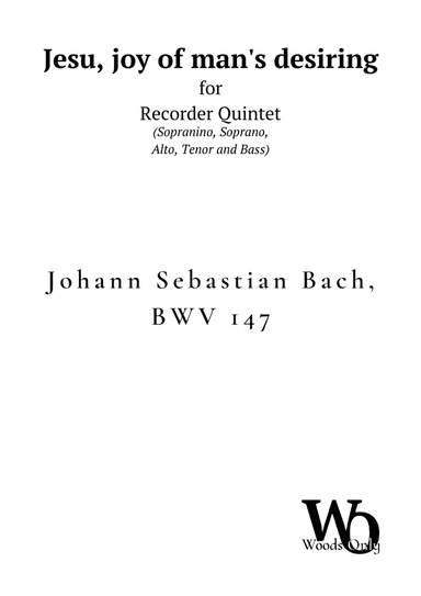 Jesu, joy of man's desiring by Bach for Recorder Choir Quintet (arr. Ander)