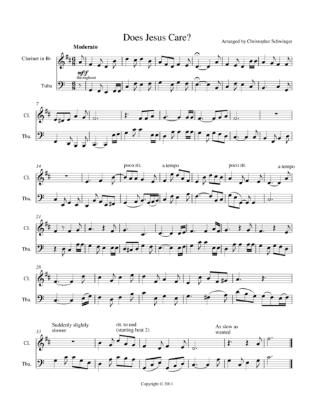 Does Jesus Care duet for Bb clarinet/Bb trumpet and tuba (arr. Christopher Schwinger)
