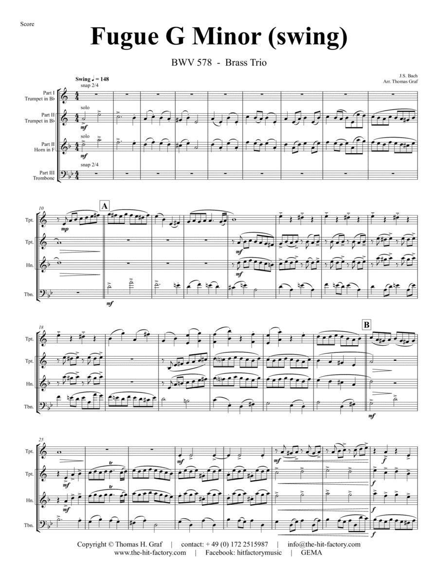 Fugue G Minor - (the 'little') - BWV 578 - Swing - Brass Trio (arr. Thomas Graf)