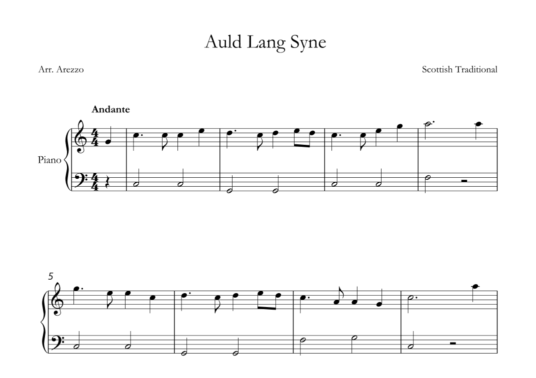 auld lang syne easy piano sheet music for beginners c major - one note bass (arr. Arezzo Music)