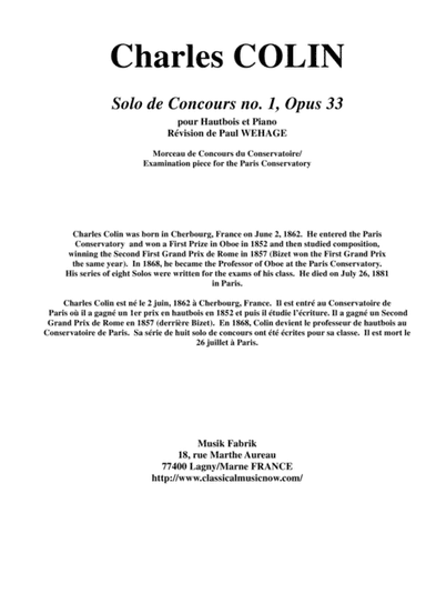 Charles COLIN Solo de Concours no. 1, Opus 33 for oboe and piano (arr. Musik Fabrik Music Publishing)