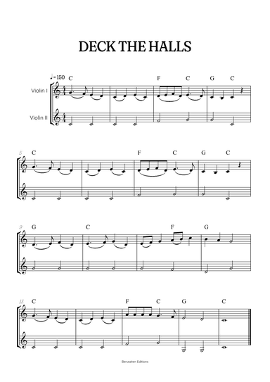 Deck the Halls for Violin Duet | super easy Christmas song sheet music with chords (arr. Benzaiten Editions)