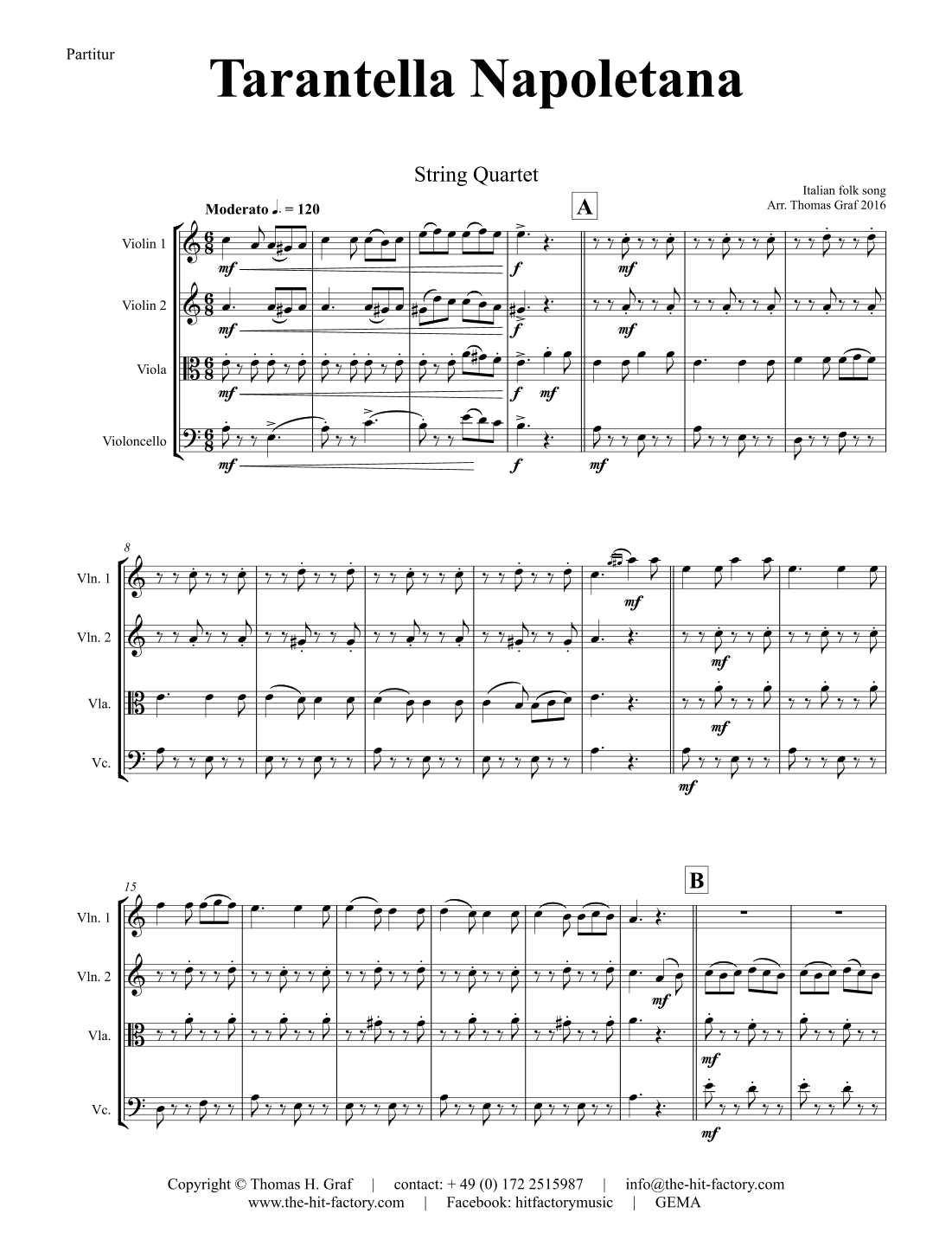 Tarantella Napoletana - Italian Folk Song - String Quartet - C (arr. Thomas H. Graf)