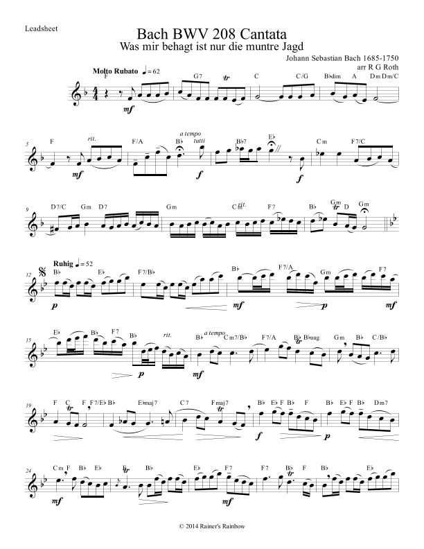 Bach BWV 208 Aria May Sheep Safely Graze Leadsheet (No Lyrics) (arr. R G Roth)