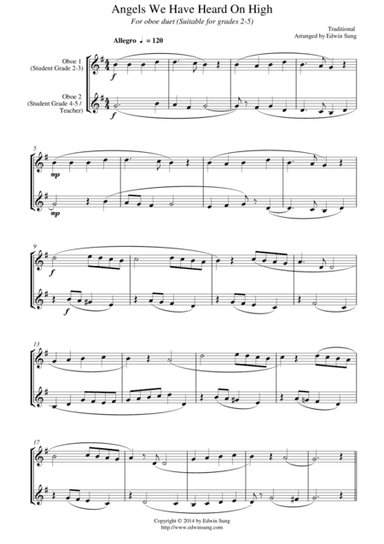 Angels We Have Heard On High (for oboe duet, suitable for grades 2-6) (arr. Edwin Sung)