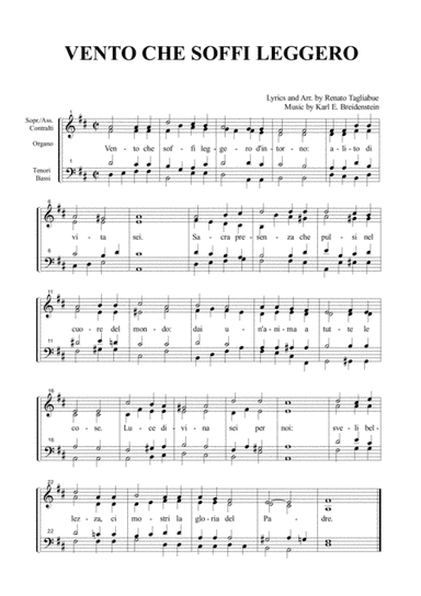 VENTO CHE SOFFI LEGGERO - K.E. Breidenstein - Tagliabue - For SATB Choir and organ (arr. Renato Tagliabue)