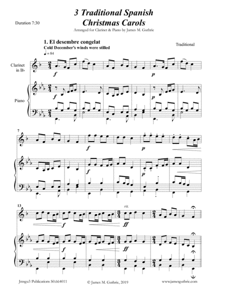 3 Traditional Spanish Christmas Carols for Clarinet & Piano (arr. James M. Guthrie, ASCAP)