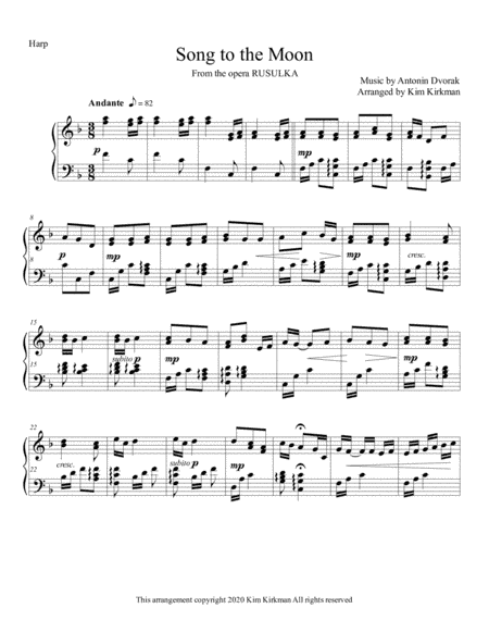 Song to the Moon from Rusulka for solo harp in F with no lever changes (arr. Kim Kirkman)