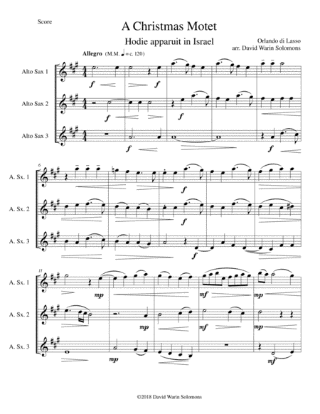 Christmas Motet (Hodie apparuit in Israel) for 3 alto saxophones (arr. David Warin Solomons)