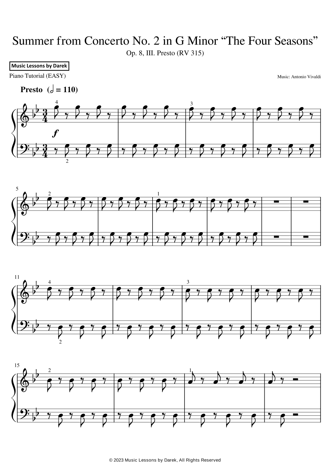 Summer from Concerto No. 2 in G Minor “The Four Seasons” (EASY PIANO) Op. 8, III. Presto (RV 315) (arr. Darek)