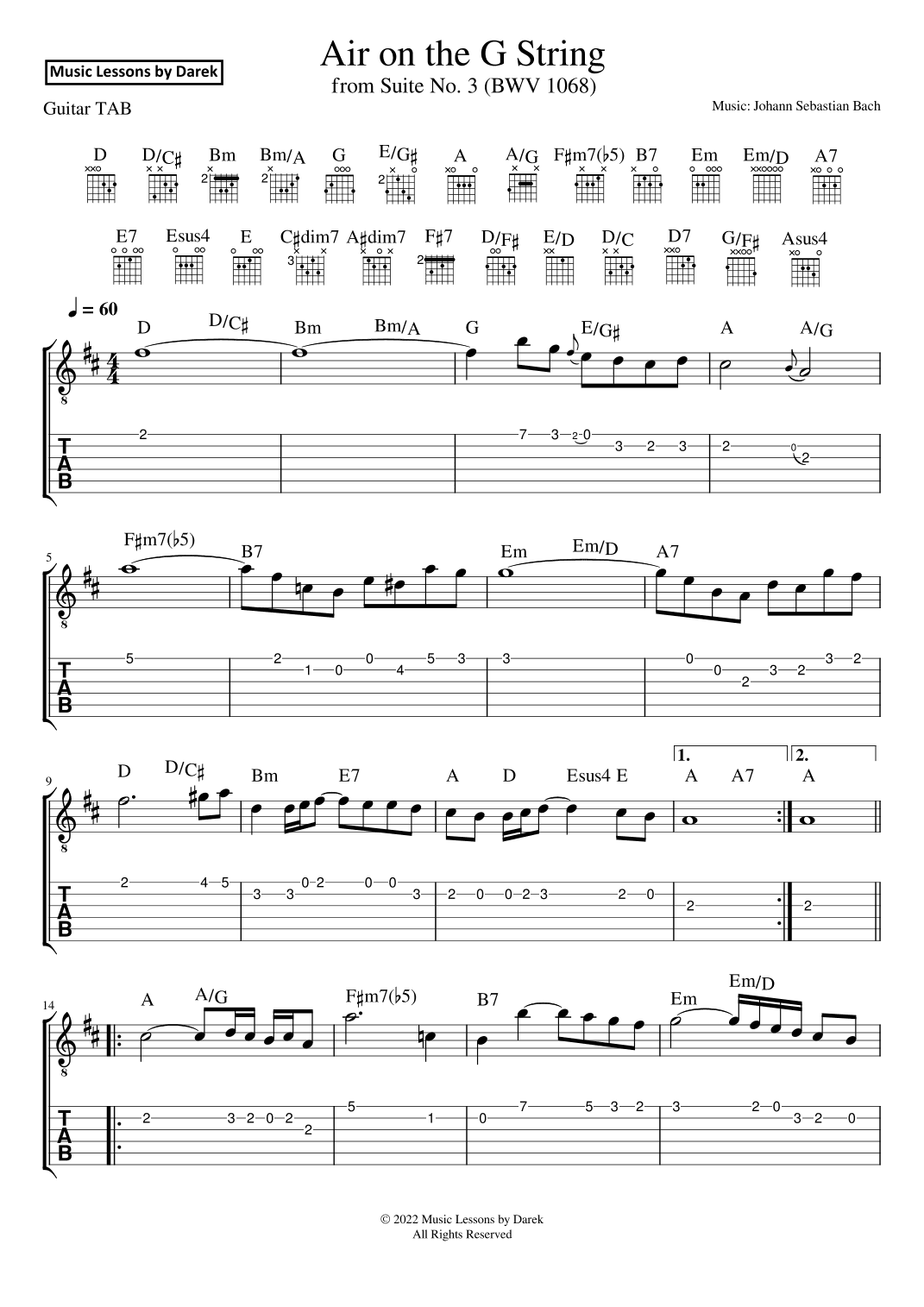 Air on the G String (GUITAR TAB) from Suite No. 3 (BWV 1068) [Johann Sebastian Bach] (arr. Darek)