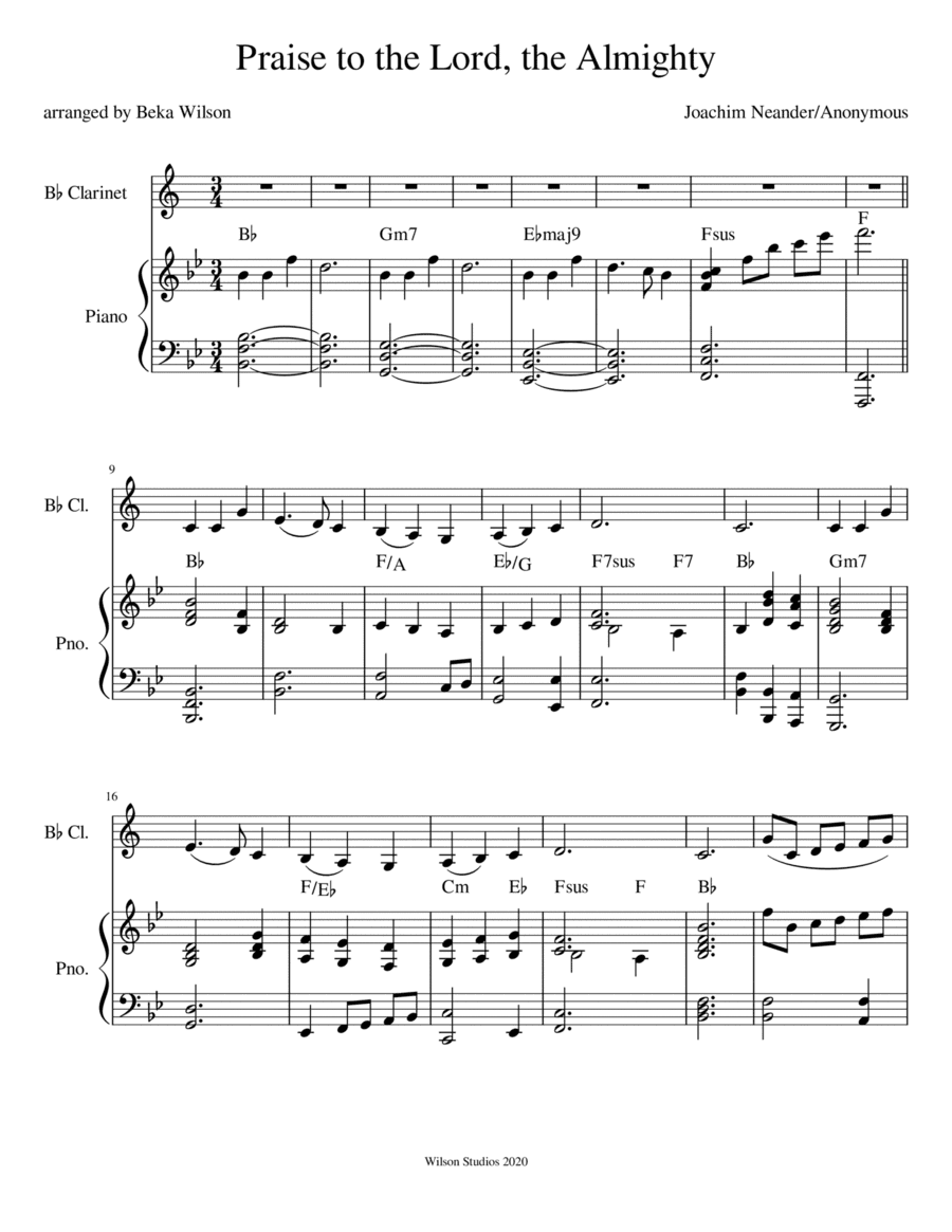 Praise to the Lord, the Almighty--advanced clarinet solo (arr. Beka Wilson)