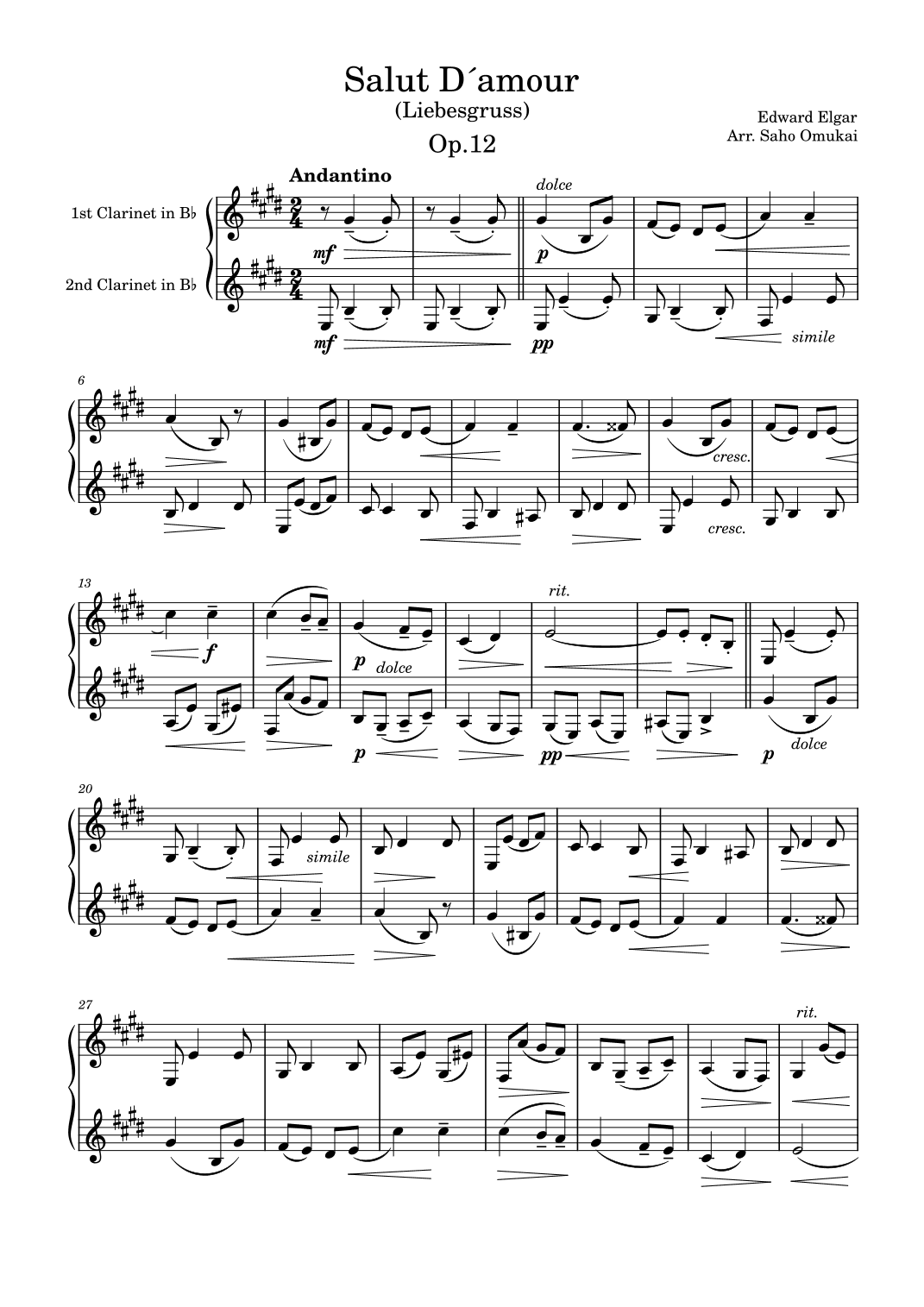 E.Elgar: Salut D'amour for two Clarinets. (arr. Saho Omukai)