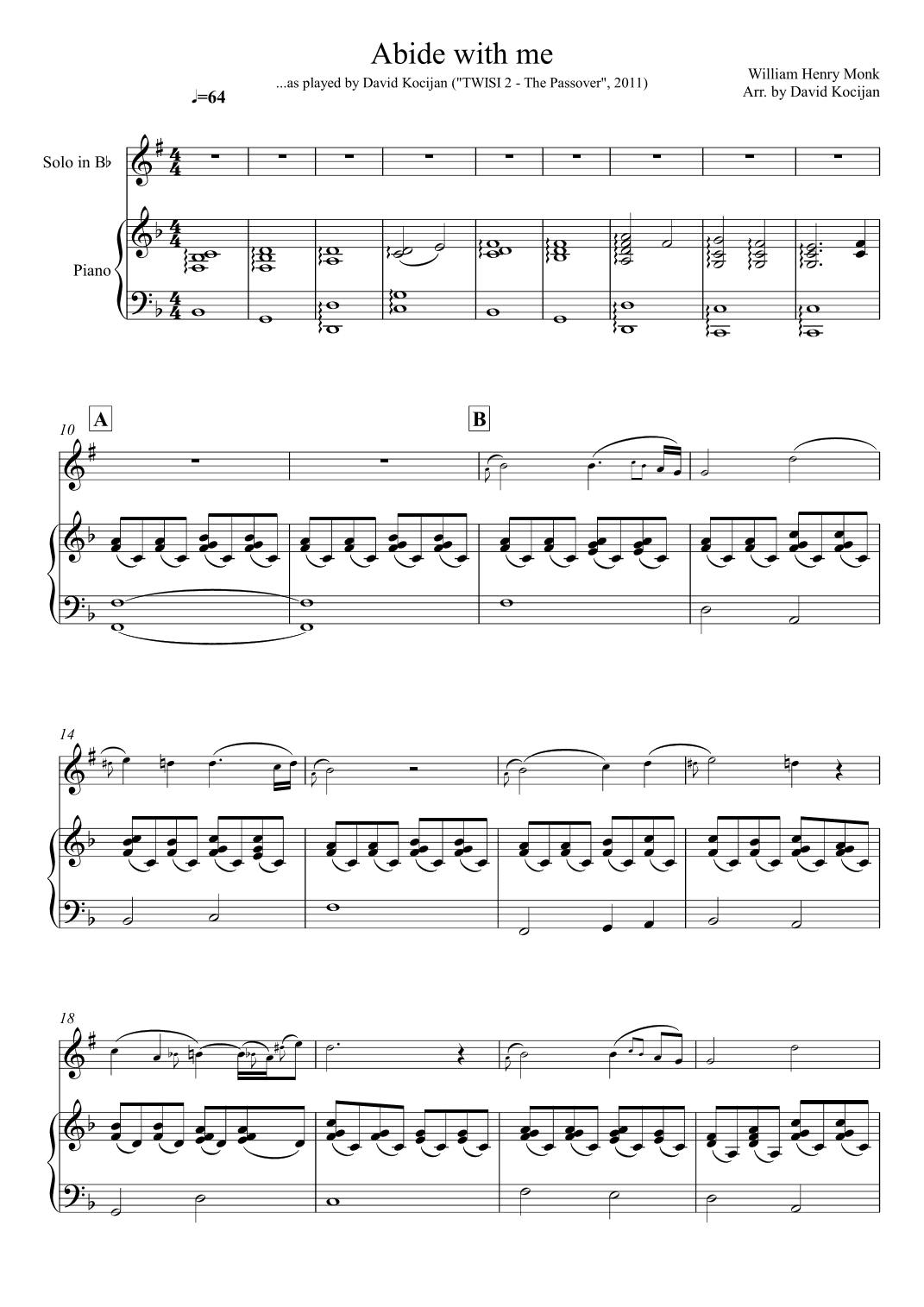 Abide with me (solo in Bb & piano) (arr. David Kocijan)