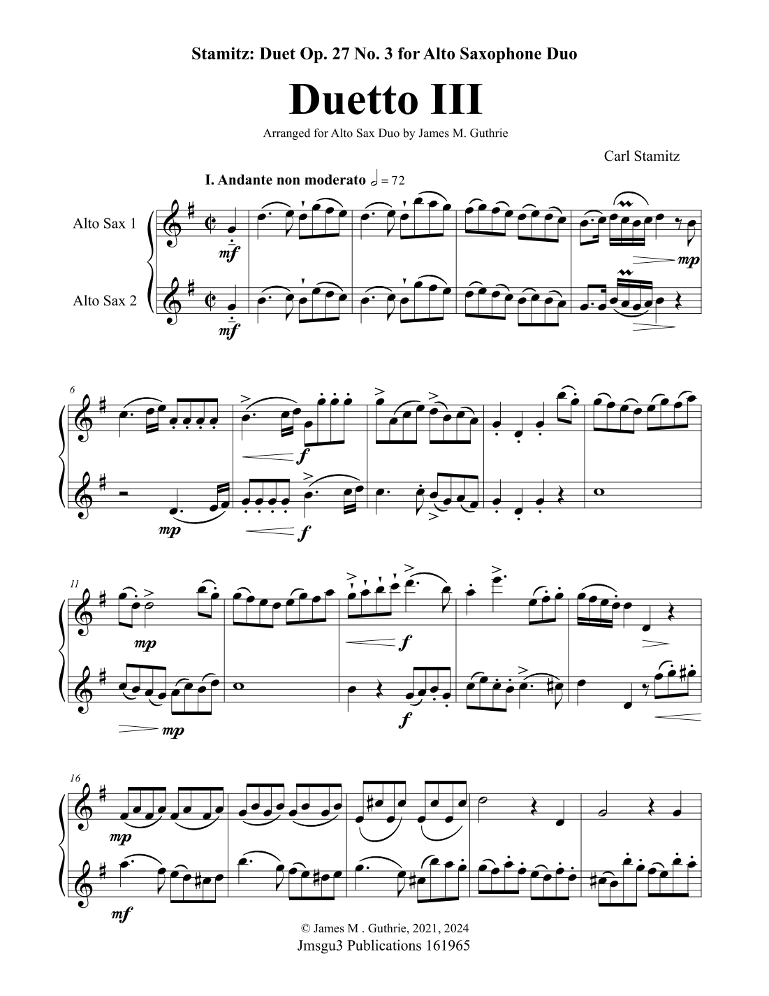 Stamitz: Duet Op. 27 No. 3 for Alto Sax Duo (arr. James M. Guthrie)