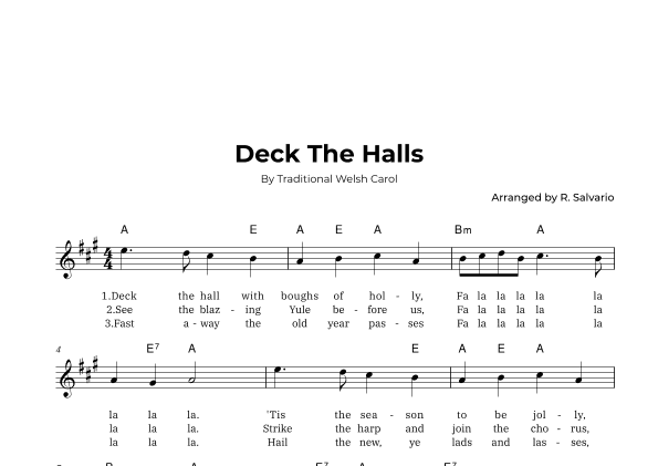 Deck The Halls (Key of A Major) (arr. R. Salvario)