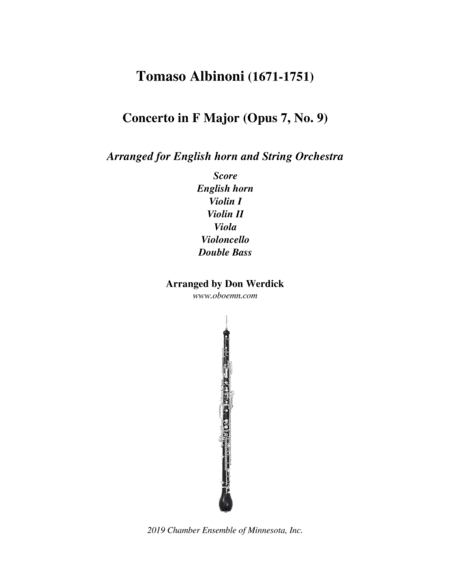 Concerto for English horn in F Major, Op. 7 No. 9 and String Orchestra (arr. Don Werdick (1946 - ))