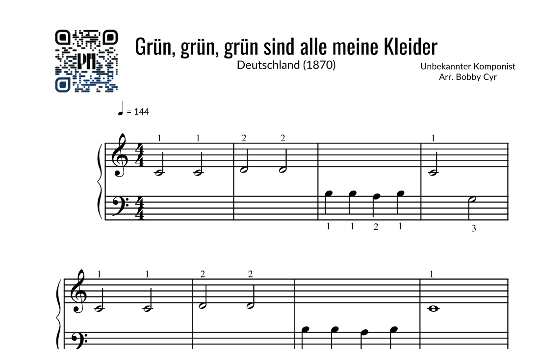 Grün, grün, grün sind alle meine Kleider - Kinderreime (leichtes Klavier) (arr. Bobby Cyr - Piano Notion)