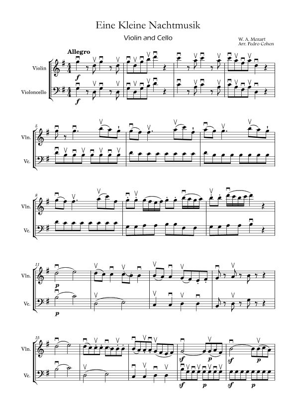 Eine Kleine Nachtmusik - violin and cello version w/ arcades (arr. Pedro Cohen)
