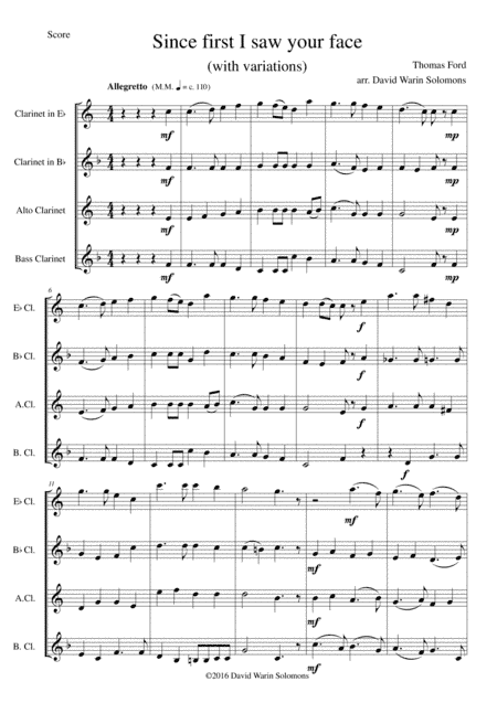 Since first I saw your face (with variations) for clarinet quartet (e-flat, b-flat, alto and bass) (arr. David Warin Solomons)
