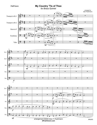 MY COUNTRY TIS OF THEE - BRASS QUINTET (or Sextet) - unaccompanied (arr. Glen Poehlmann)