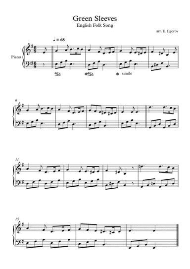 Green Sleeves, English Folk Song, For Easy Piano