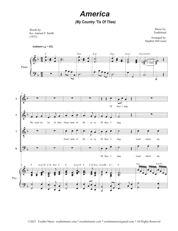 America (My Country, 'Tis of Thee) (Vocal Quartet - (SATB) (arr. Stephen DeCesare)