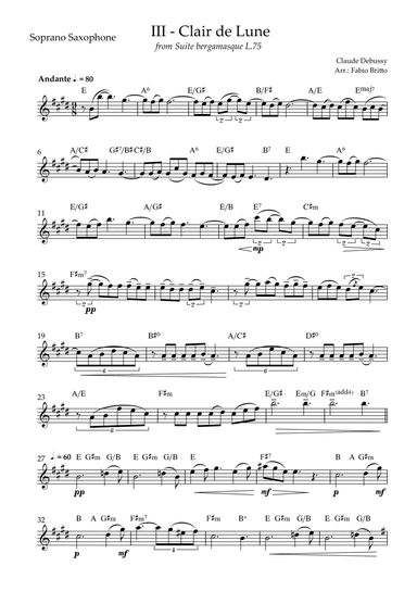Clair de Lune (C. Debussy) for Soprano Saxophone Solo with Chords (C Major) (arr. Fabio Britto)