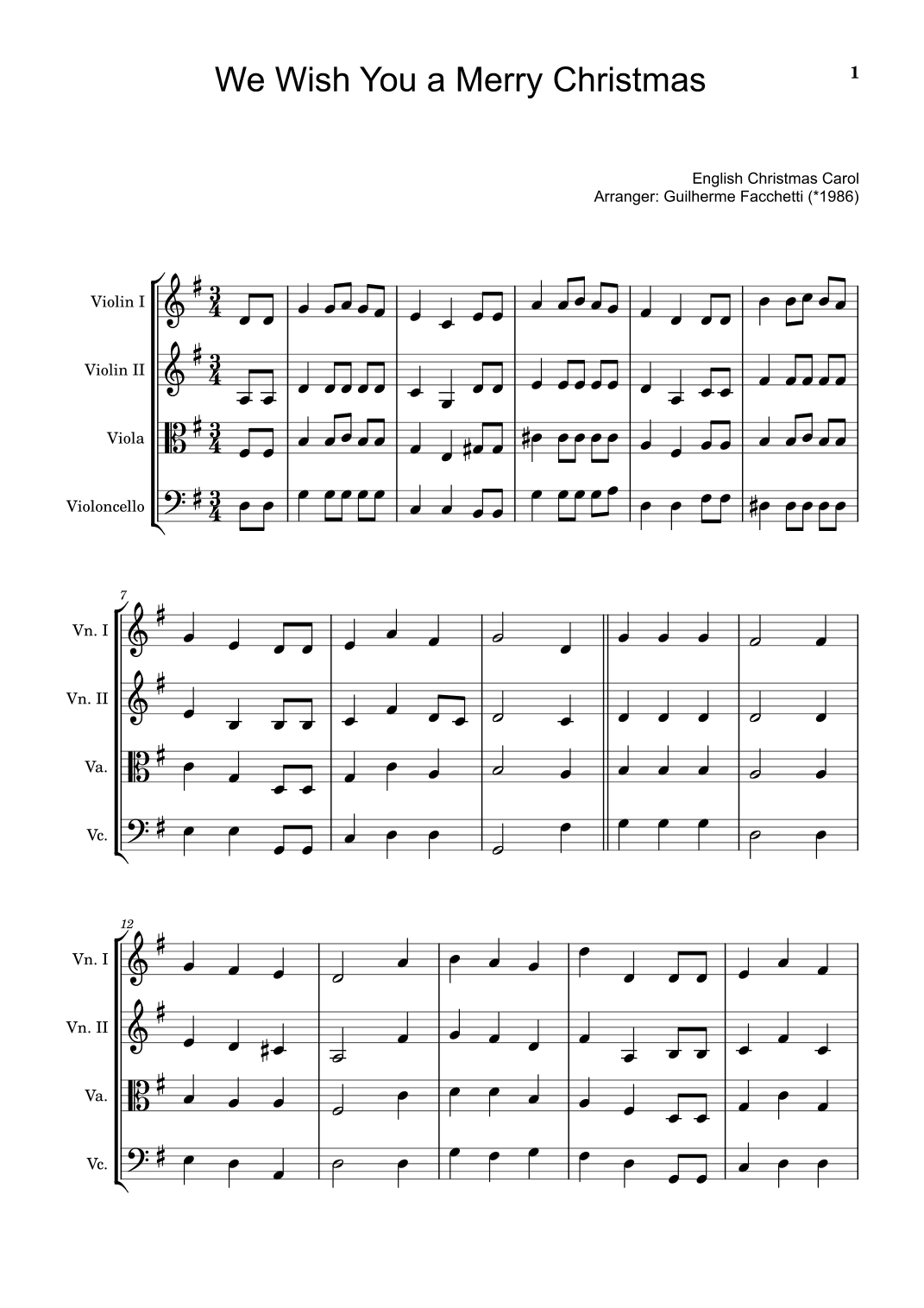 English Christmas Carol - We Wish You a Merry Christmas. For String Quartet. (arr. Guilherme Facchetti)