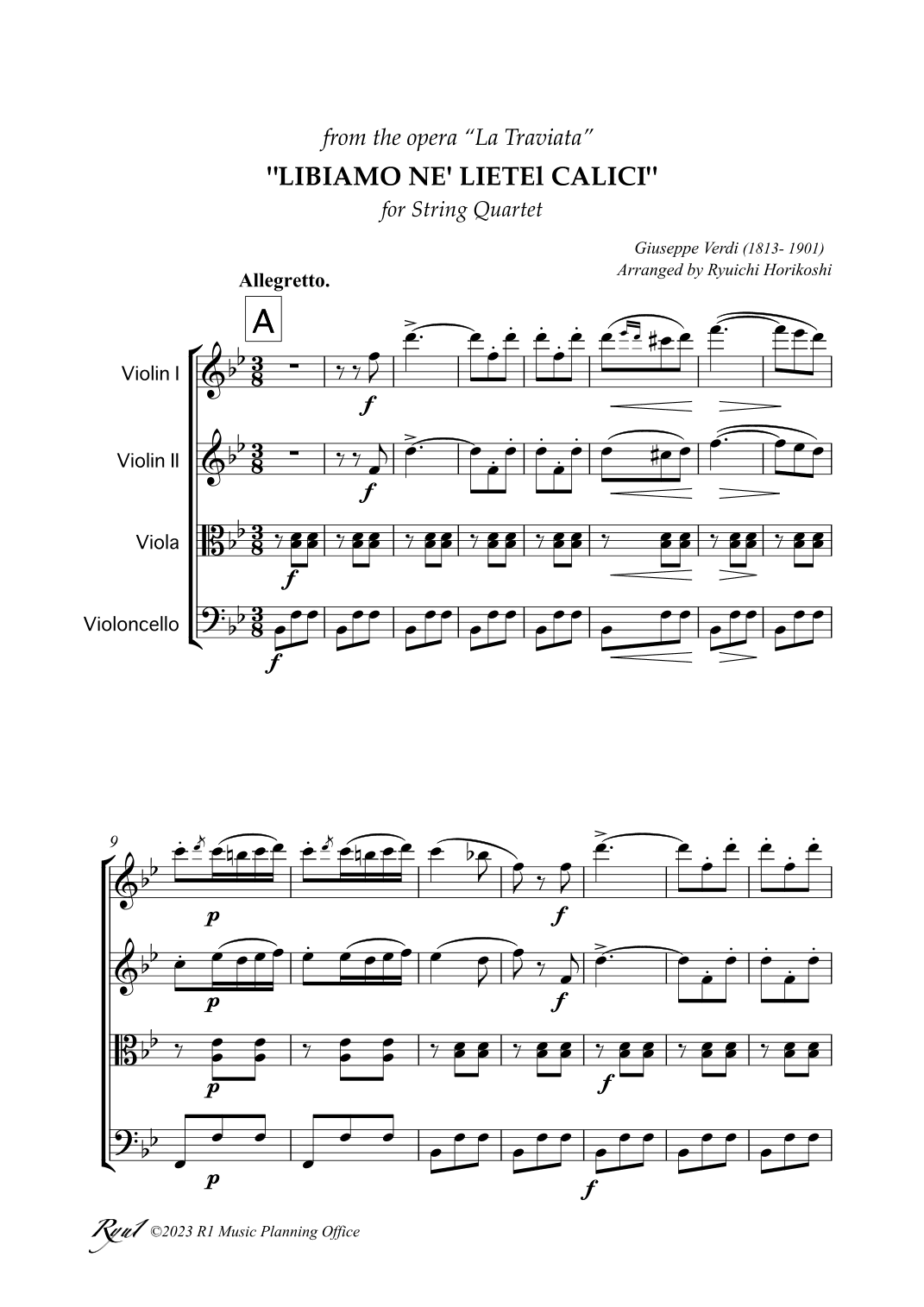 "Libiamo ne' lieti calici" for String Quartet+ (arr. Ryuichi Horikoshi)