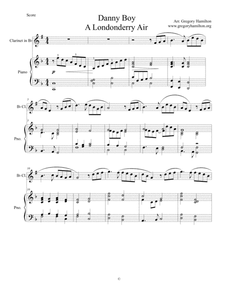 Danny Boy - Londonderry Air for Intemmediate Clarinet and Piano (arr. Gregory Hamilton)